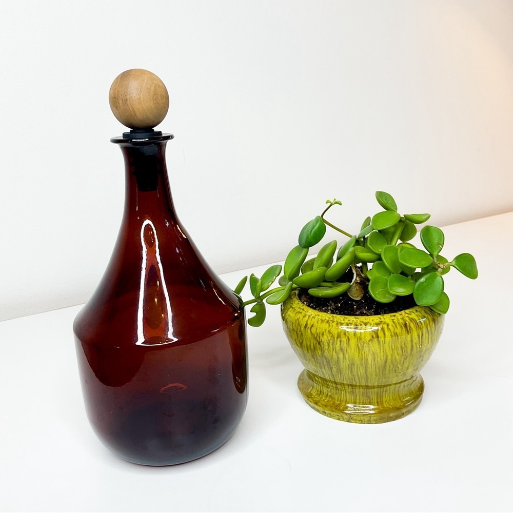 MCM Amber Glass Decanter | Wood Stopper | 10" Vintage Spirit Bottle